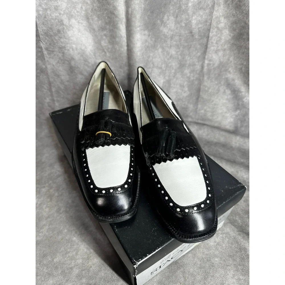 Vintage Stacy Adams Mens 9.5 M Black White Leather Tassel‎ Kiltie Loafers Spain